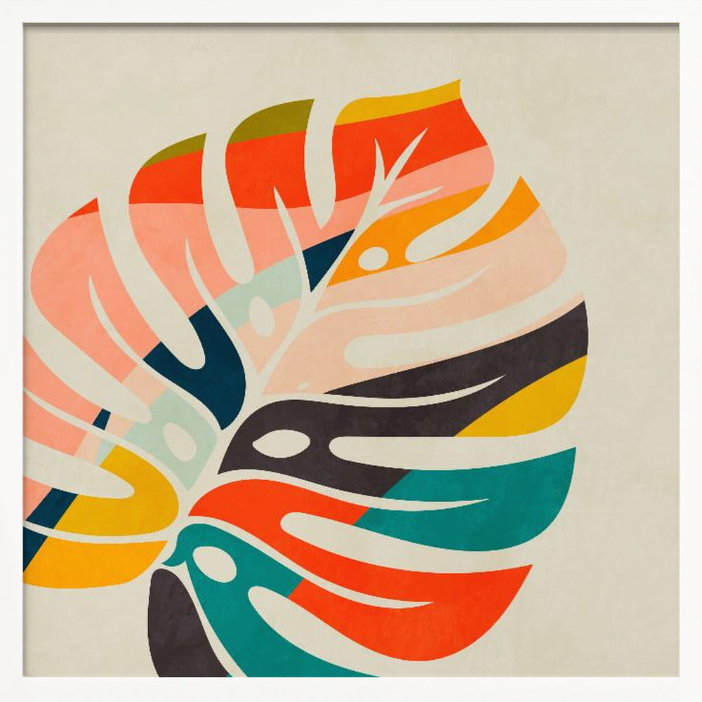 A framed abstract artwork featuring a stylized Monstera leaf. The leaf is composed of various colorful blocks and stripes in orange, teal, pink, and dark blue, set against a beige background. Print