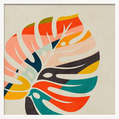A framed abstract artwork featuring a stylized Monstera leaf. The leaf is composed of various colorful blocks and stripes in orange, teal, pink, and dark blue, set against a beige background. Print