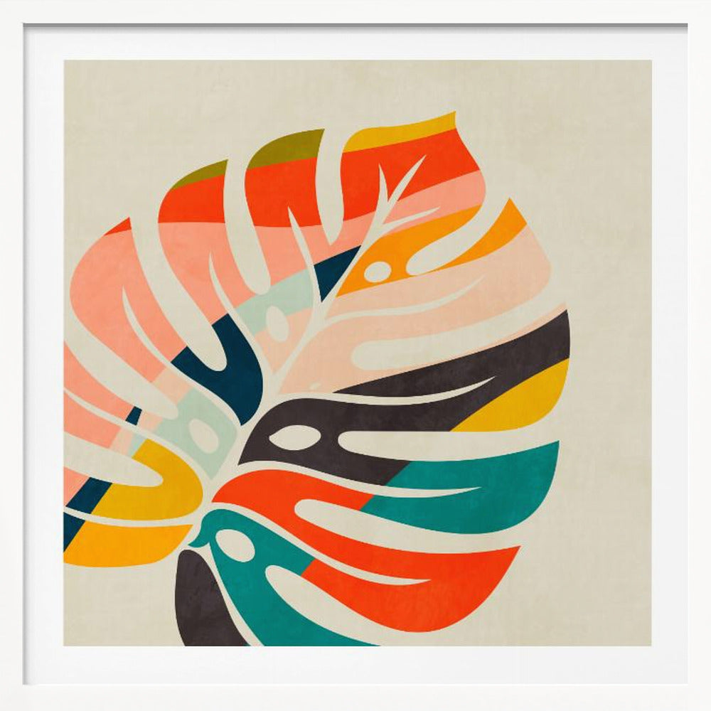 A framed abstract artwork featuring a stylized Monstera leaf. The leaf is composed of various colorful blocks and stripes in orange, teal, pink, and dark blue, set against a beige background. Print