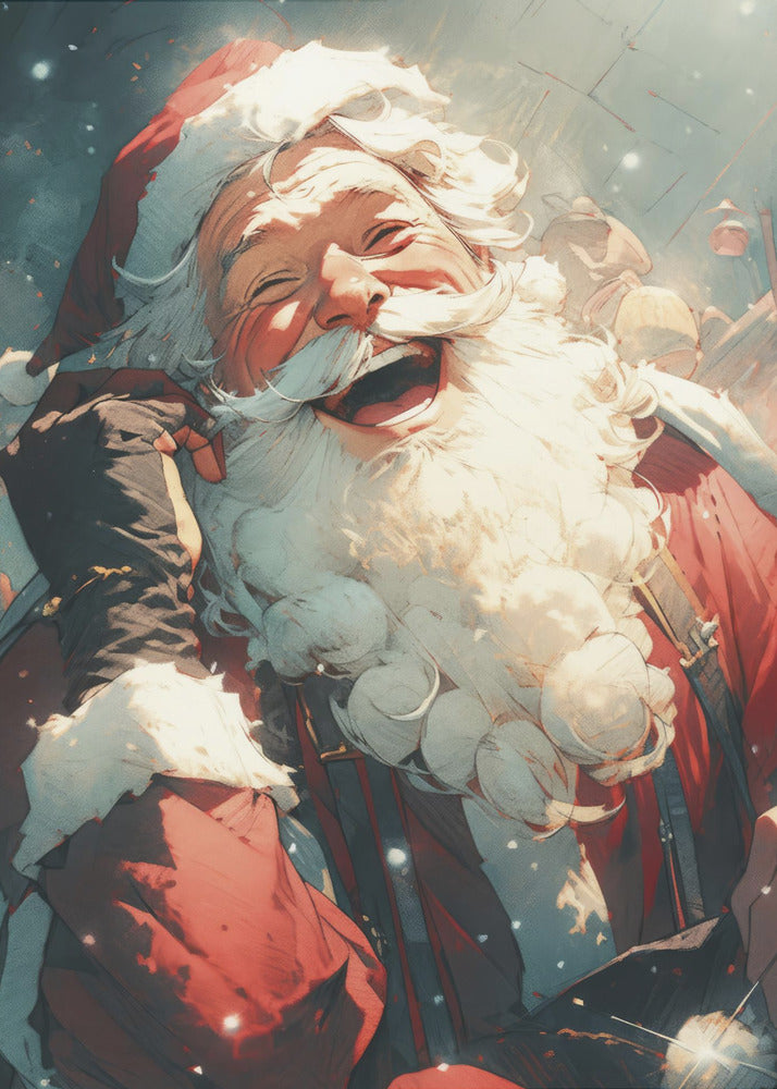 An anime-style illustration of Santa Claus laughing heartily, his head tilted back in joy. He has a full white beard and is wearing his iconic red suit and hat, set against a snowy, blurred background. Poster