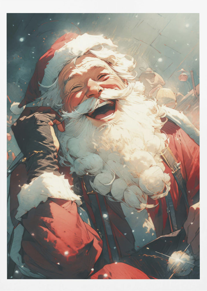 An anime-style illustration of Santa Claus laughing heartily, his head tilted back in joy. He has a full white beard and is wearing his iconic red suit and hat, set against a snowy, blurred background. Poster