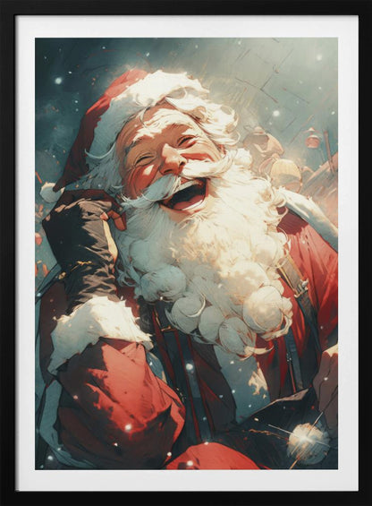 An anime-style illustration of Santa Claus laughing heartily, his head tilted back in joy. He has a full white beard and is wearing his iconic red suit and hat, set against a snowy, blurred background. Poster