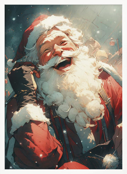 An anime-style illustration of Santa Claus laughing heartily, his head tilted back in joy. He has a full white beard and is wearing his iconic red suit and hat, set against a snowy, blurred background. Poster
