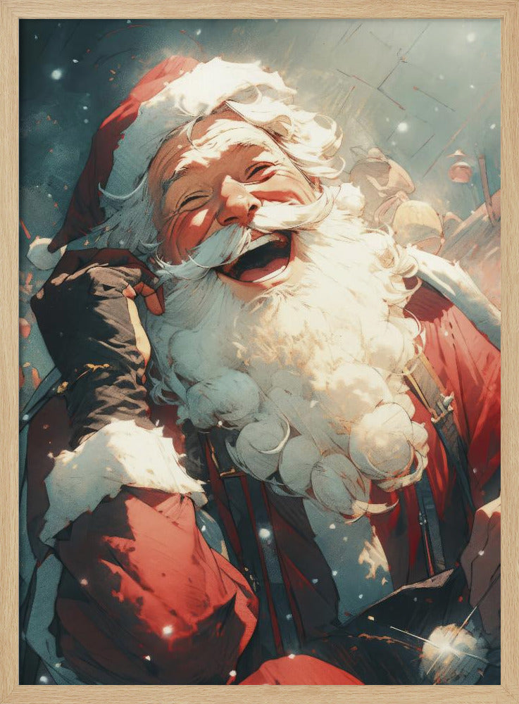 An anime-style illustration of Santa Claus laughing heartily, his head tilted back in joy. He has a full white beard and is wearing his iconic red suit and hat, set against a snowy, blurred background. Poster