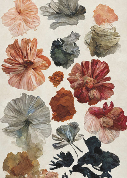 A framed art print displaying a collection of various flowers and petals on a cream-colored background. The flowers are in a painterly, illustrative style, with a muted color palette including terracotta, dusty rose, deep red, and shades of grey and charcoal. Poster