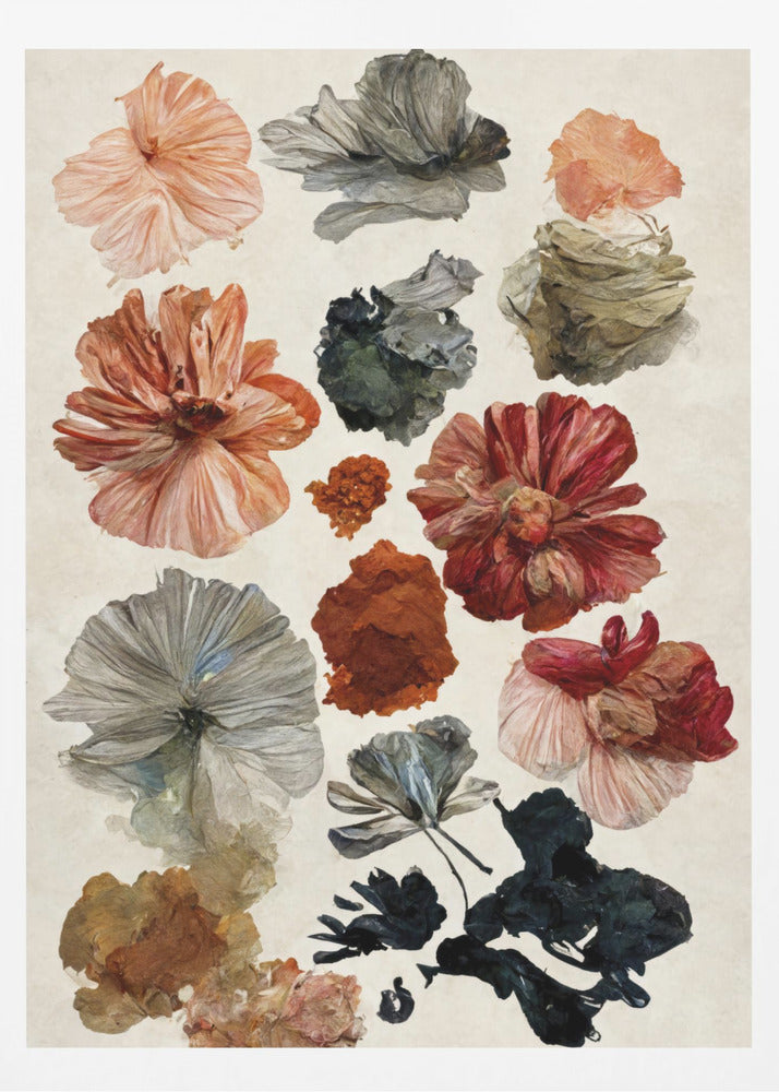 A framed art print displaying a collection of various flowers and petals on a cream-colored background. The flowers are in a painterly, illustrative style, with a muted color palette including terracotta, dusty rose, deep red, and shades of grey and charcoal. Poster