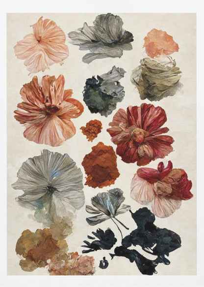 A framed art print displaying a collection of various flowers and petals on a cream-colored background. The flowers are in a painterly, illustrative style, with a muted color palette including terracotta, dusty rose, deep red, and shades of grey and charcoal. Poster