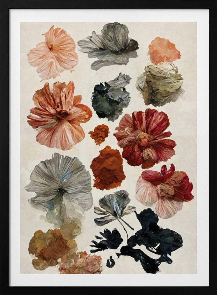 A framed art print displaying a collection of various flowers and petals on a cream-colored background. The flowers are in a painterly, illustrative style, with a muted color palette including terracotta, dusty rose, deep red, and shades of grey and charcoal. Poster