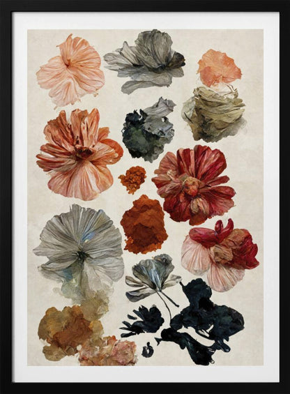 A framed art print displaying a collection of various flowers and petals on a cream-colored background. The flowers are in a painterly, illustrative style, with a muted color palette including terracotta, dusty rose, deep red, and shades of grey and charcoal. Poster