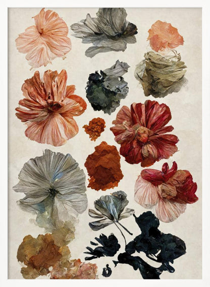 A framed art print displaying a collection of various flowers and petals on a cream-colored background. The flowers are in a painterly, illustrative style, with a muted color palette including terracotta, dusty rose, deep red, and shades of grey and charcoal. Poster