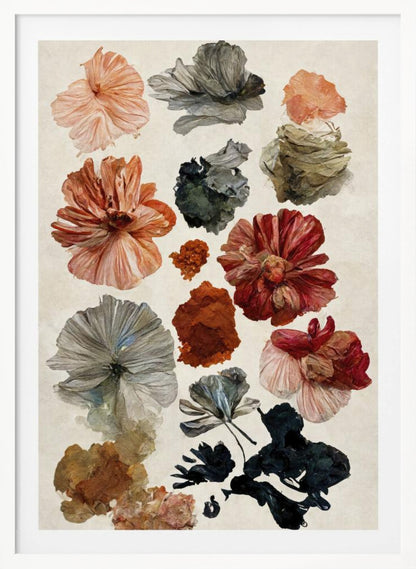 A framed art print displaying a collection of various flowers and petals on a cream-colored background. The flowers are in a painterly, illustrative style, with a muted color palette including terracotta, dusty rose, deep red, and shades of grey and charcoal. Poster