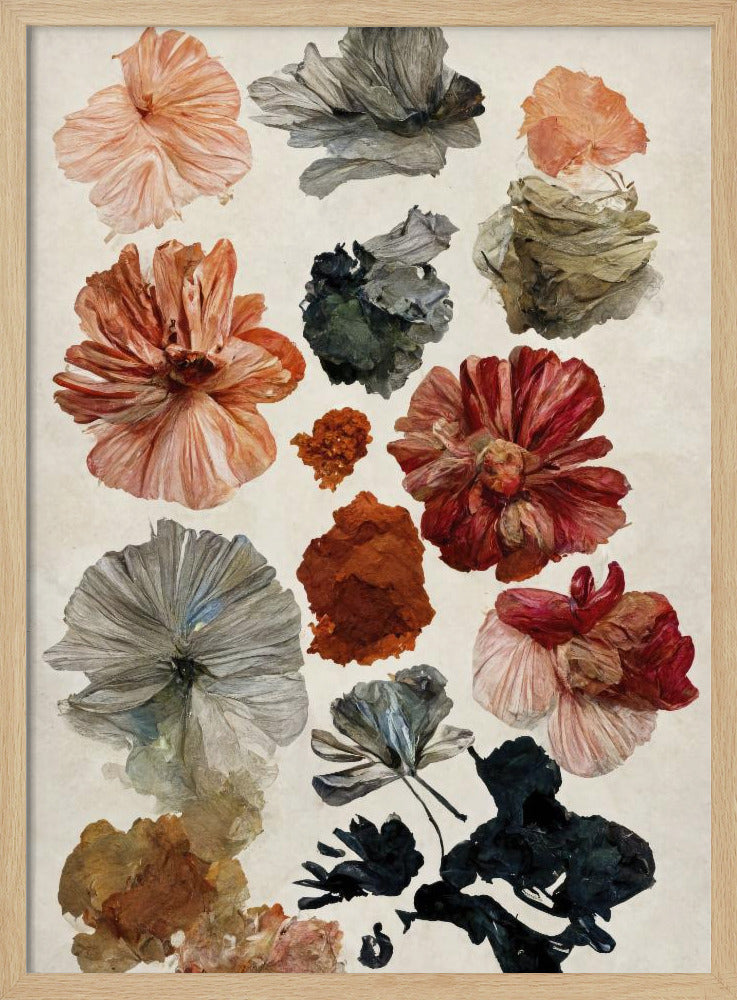 A framed art print displaying a collection of various flowers and petals on a cream-colored background. The flowers are in a painterly, illustrative style, with a muted color palette including terracotta, dusty rose, deep red, and shades of grey and charcoal. Poster