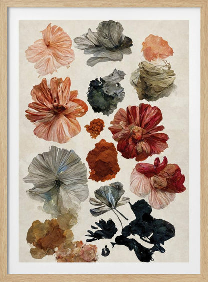 A framed art print displaying a collection of various flowers and petals on a cream-colored background. The flowers are in a painterly, illustrative style, with a muted color palette including terracotta, dusty rose, deep red, and shades of grey and charcoal. Poster