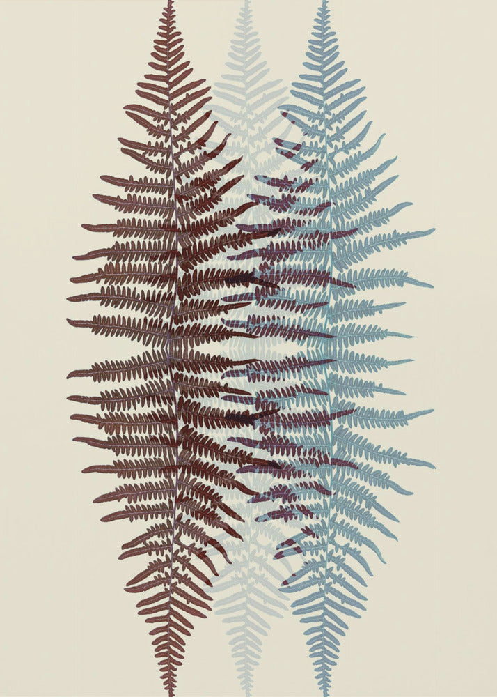 A modern botanical art print featuring three overlapping fern fronds against a cream background. The frond on the left is reddish-brown, the one on the right is blue, and a fainter blue frond is visible in the middle, creating a layered, translucent effect. The entire piece is enclosed in a simple black frame. Wall Art