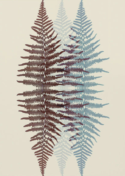 A modern botanical art print featuring three overlapping fern fronds against a cream background. The frond on the left is reddish-brown, the one on the right is blue, and a fainter blue frond is visible in the middle, creating a layered, translucent effect. The entire piece is enclosed in a simple black frame. Wall Art