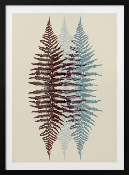 A modern botanical art print featuring three overlapping fern fronds against a cream background. The frond on the left is reddish-brown, the one on the right is blue, and a fainter blue frond is visible in the middle, creating a layered, translucent effect. The entire piece is enclosed in a simple black frame. Wall Art