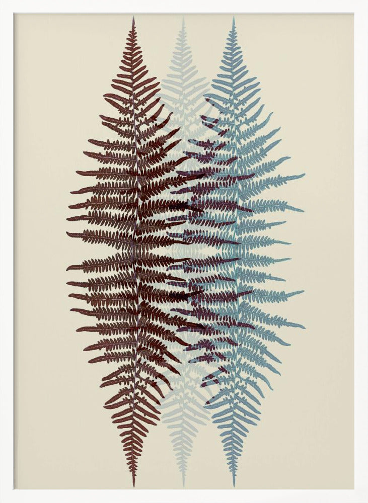 A modern botanical art print featuring three overlapping fern fronds against a cream background. The frond on the left is reddish-brown, the one on the right is blue, and a fainter blue frond is visible in the middle, creating a layered, translucent effect. The entire piece is enclosed in a simple black frame. Wall Art