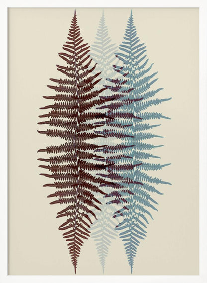 A modern botanical art print featuring three overlapping fern fronds against a cream background. The frond on the left is reddish-brown, the one on the right is blue, and a fainter blue frond is visible in the middle, creating a layered, translucent effect. The entire piece is enclosed in a simple black frame. Wall Art