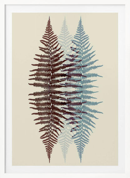 A modern botanical art print featuring three overlapping fern fronds against a cream background. The frond on the left is reddish-brown, the one on the right is blue, and a fainter blue frond is visible in the middle, creating a layered, translucent effect. The entire piece is enclosed in a simple black frame. Wall Art