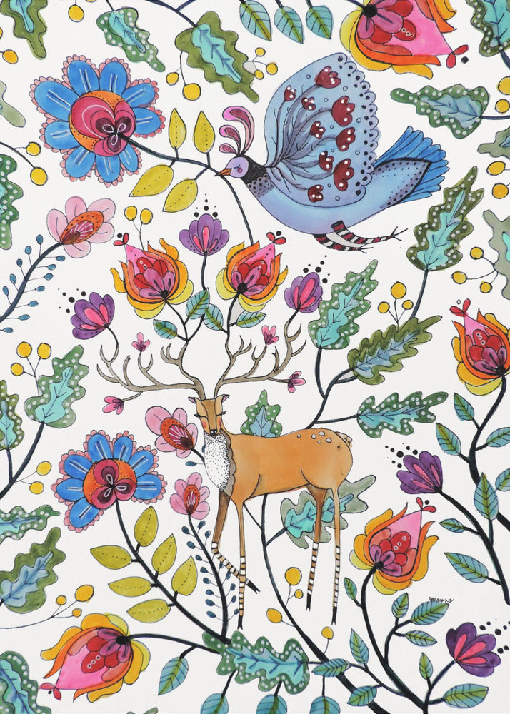 A vibrant, folk art-style illustration featuring a brown deer with large antlers and a blue patterned bird amidst a dense arrangement of colorful, stylized flowers and green leaves on a white background. Poster