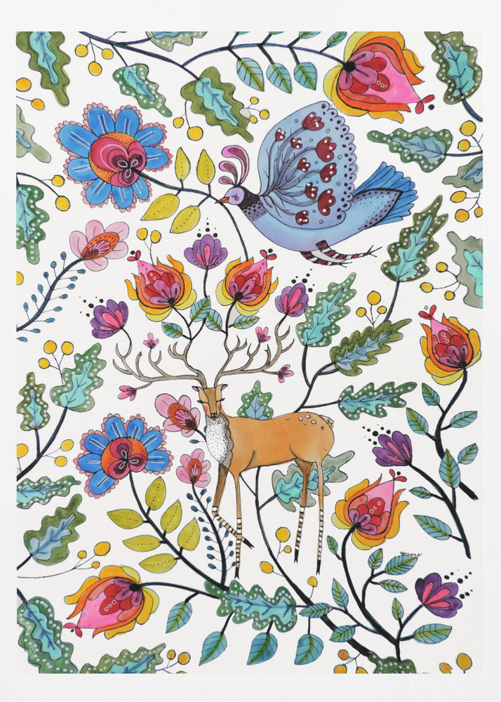 A vibrant, folk art-style illustration featuring a brown deer with large antlers and a blue patterned bird amidst a dense arrangement of colorful, stylized flowers and green leaves on a white background. Poster
