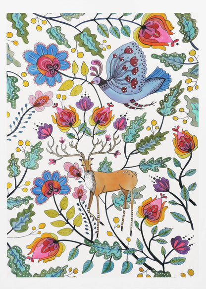 A vibrant, folk art-style illustration featuring a brown deer with large antlers and a blue patterned bird amidst a dense arrangement of colorful, stylized flowers and green leaves on a white background. Poster