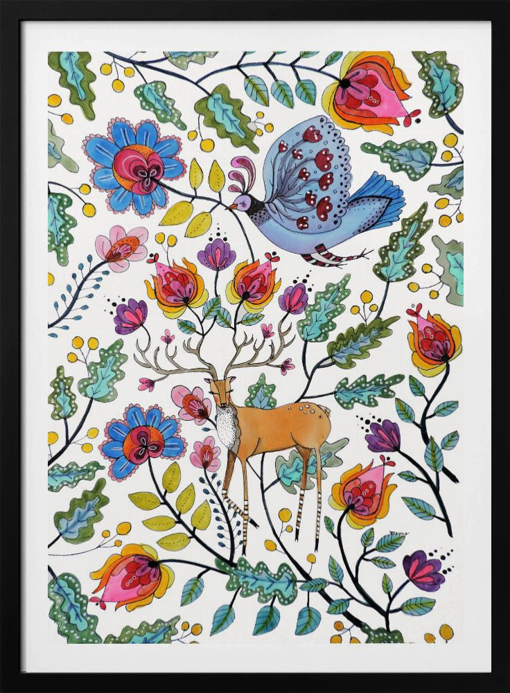 A vibrant, folk art-style illustration featuring a brown deer with large antlers and a blue patterned bird amidst a dense arrangement of colorful, stylized flowers and green leaves on a white background. Poster