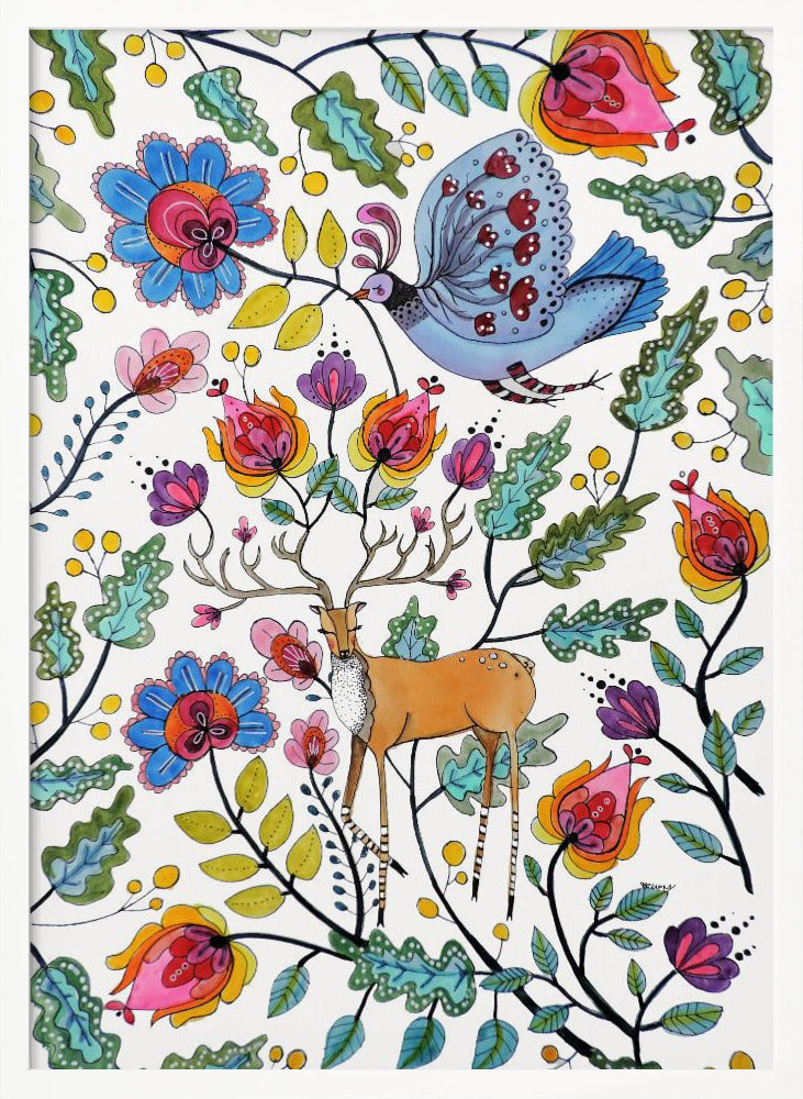 A vibrant, folk art-style illustration featuring a brown deer with large antlers and a blue patterned bird amidst a dense arrangement of colorful, stylized flowers and green leaves on a white background. Poster