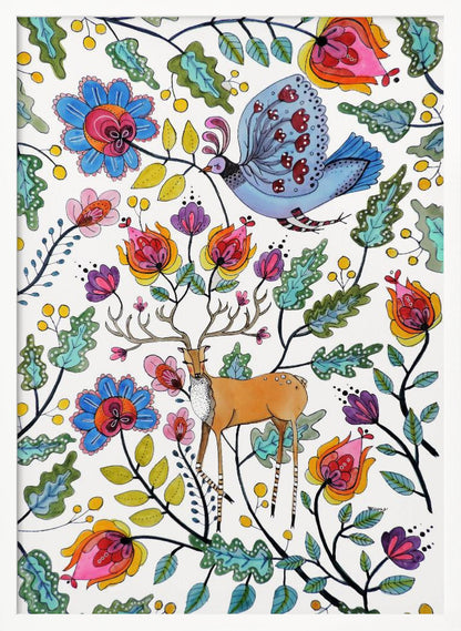 A vibrant, folk art-style illustration featuring a brown deer with large antlers and a blue patterned bird amidst a dense arrangement of colorful, stylized flowers and green leaves on a white background. Poster