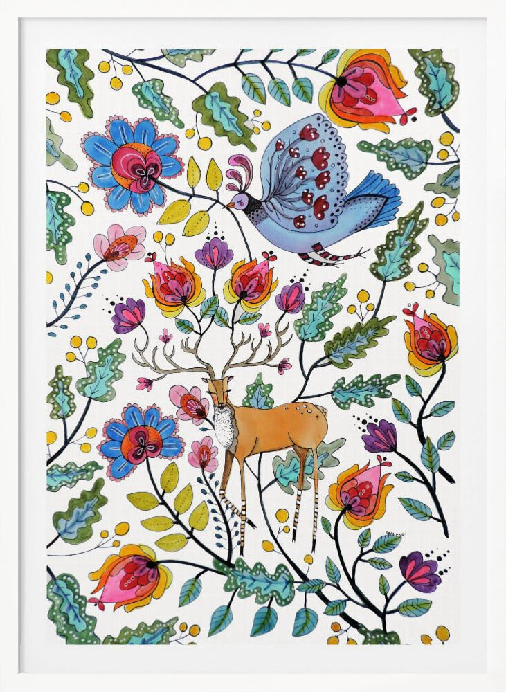 A vibrant, folk art-style illustration featuring a brown deer with large antlers and a blue patterned bird amidst a dense arrangement of colorful, stylized flowers and green leaves on a white background. Poster