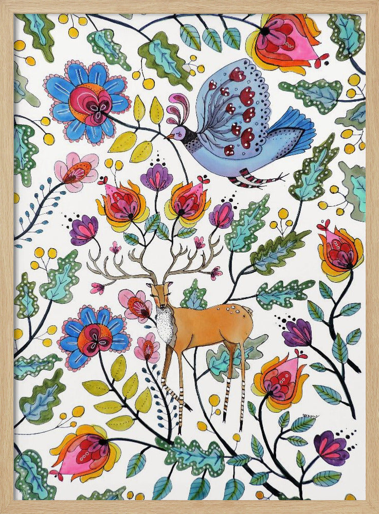A vibrant, folk art-style illustration featuring a brown deer with large antlers and a blue patterned bird amidst a dense arrangement of colorful, stylized flowers and green leaves on a white background. Poster