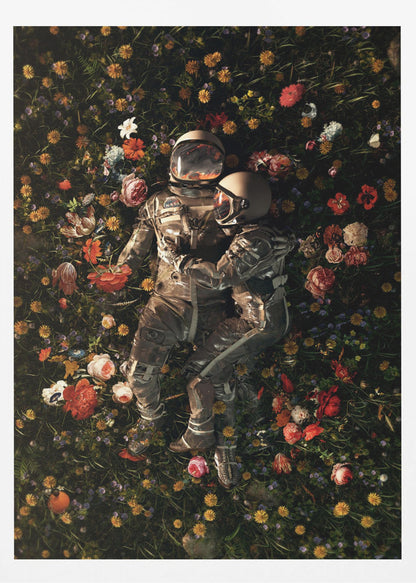An overhead view of two astronauts in full gear, embracing each other while lying down in a lush, dark field filled with a vibrant array of colorful flowers. Wall Art