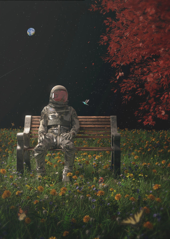 A surreal scene depicting an astronaut in a full spacesuit sitting alone on a wooden park bench in a vibrant field of wildflowers under a starry night sky. The planet Earth is visible in the distance, and a large tree with red leaves frames the right side of the image. Poster