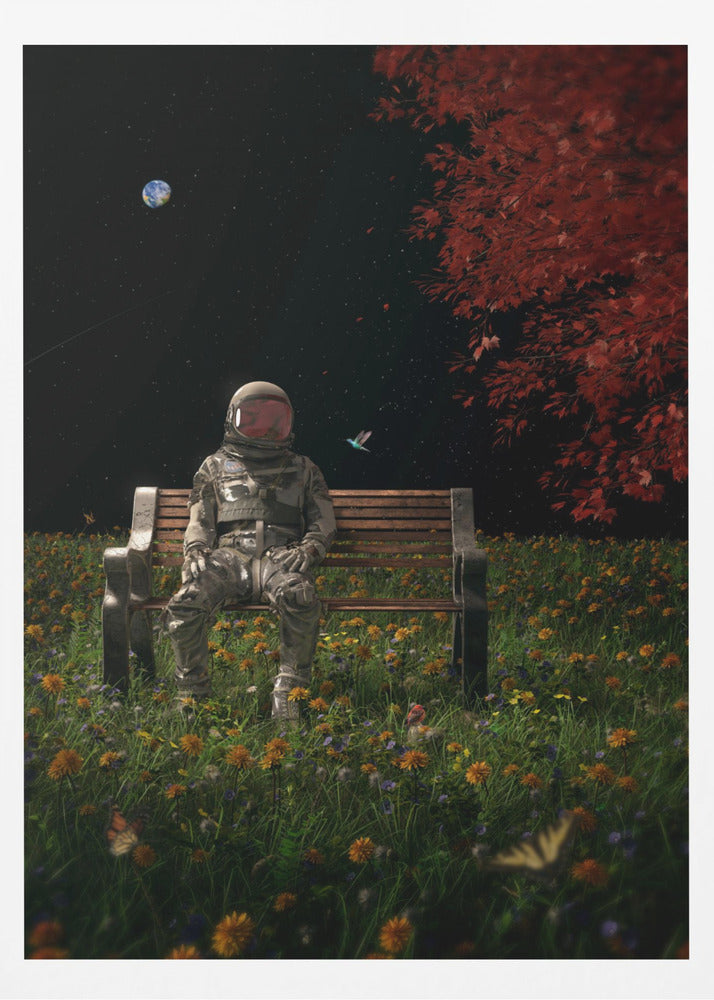 A surreal scene depicting an astronaut in a full spacesuit sitting alone on a wooden park bench in a vibrant field of wildflowers under a starry night sky. The planet Earth is visible in the distance, and a large tree with red leaves frames the right side of the image. Poster