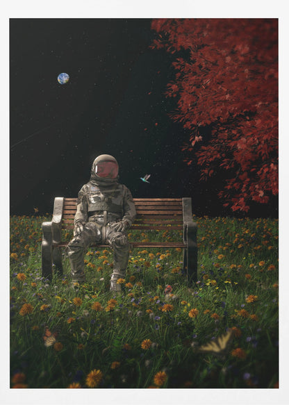 A surreal scene depicting an astronaut in a full spacesuit sitting alone on a wooden park bench in a vibrant field of wildflowers under a starry night sky. The planet Earth is visible in the distance, and a large tree with red leaves frames the right side of the image. Poster