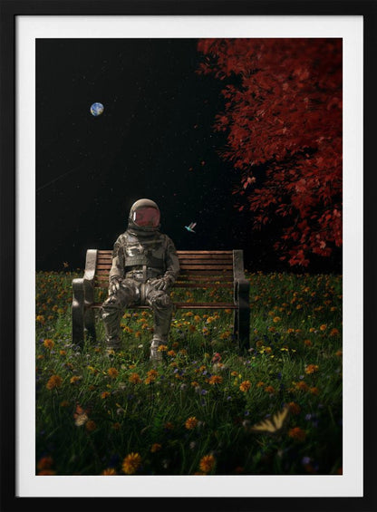 A surreal scene depicting an astronaut in a full spacesuit sitting alone on a wooden park bench in a vibrant field of wildflowers under a starry night sky. The planet Earth is visible in the distance, and a large tree with red leaves frames the right side of the image. Poster