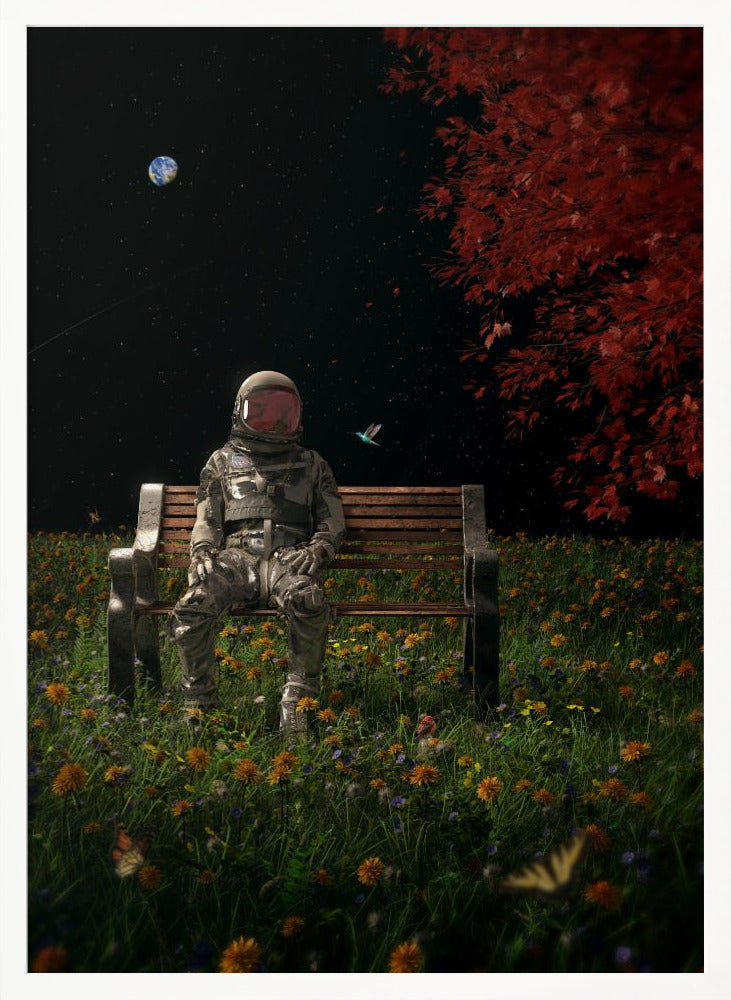 A surreal scene depicting an astronaut in a full spacesuit sitting alone on a wooden park bench in a vibrant field of wildflowers under a starry night sky. The planet Earth is visible in the distance, and a large tree with red leaves frames the right side of the image. Poster