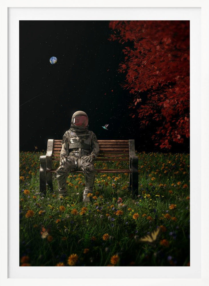 A surreal scene depicting an astronaut in a full spacesuit sitting alone on a wooden park bench in a vibrant field of wildflowers under a starry night sky. The planet Earth is visible in the distance, and a large tree with red leaves frames the right side of the image. Poster