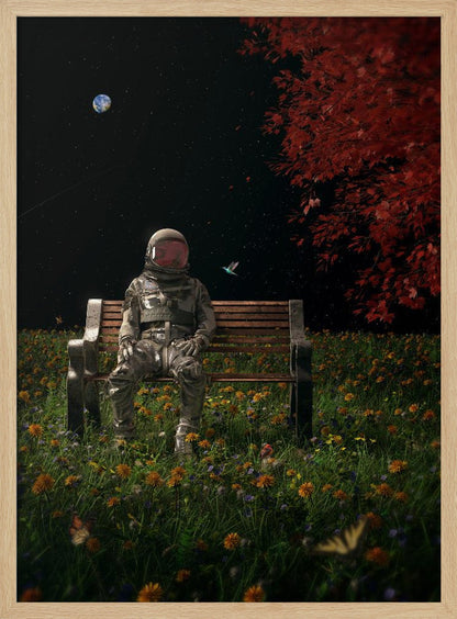 A surreal scene depicting an astronaut in a full spacesuit sitting alone on a wooden park bench in a vibrant field of wildflowers under a starry night sky. The planet Earth is visible in the distance, and a large tree with red leaves frames the right side of the image. Poster