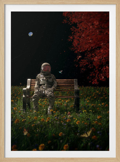 A surreal scene depicting an astronaut in a full spacesuit sitting alone on a wooden park bench in a vibrant field of wildflowers under a starry night sky. The planet Earth is visible in the distance, and a large tree with red leaves frames the right side of the image. Poster