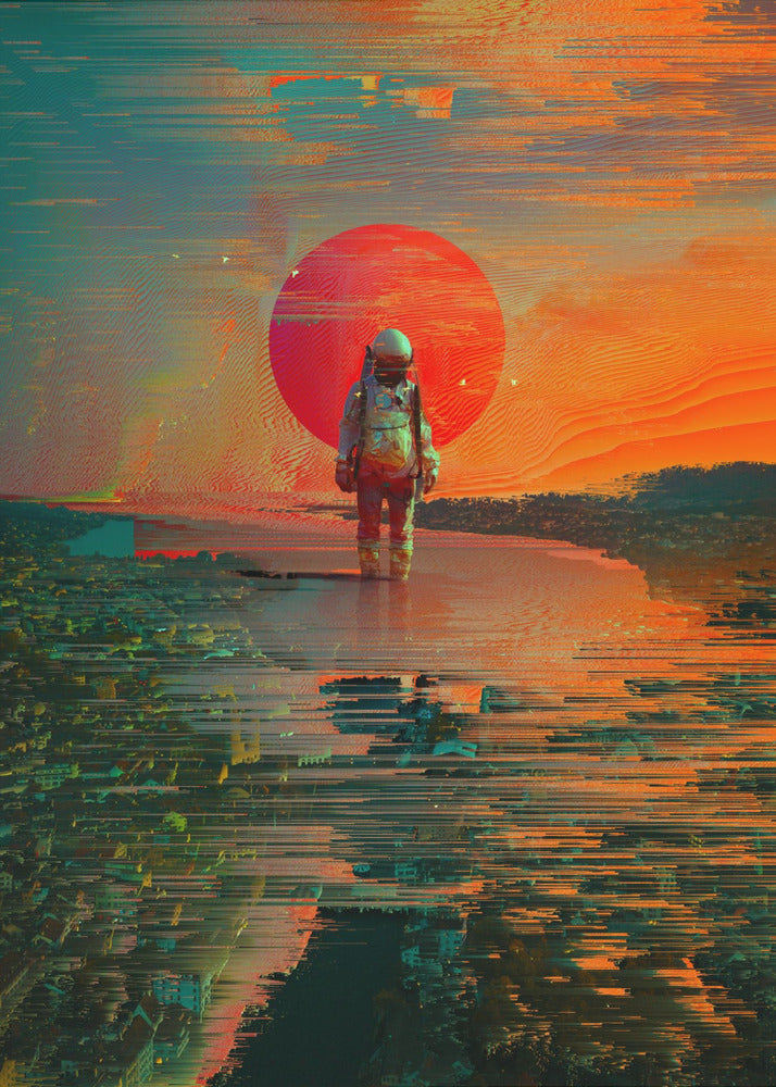 A surreal digital artwork of an astronaut standing in shallow water, with a giant red sun setting in the background against an orange and teal sky. The entire image has a heavy glitch-art effect, with horizontal streaks and pixel sorting that distorts the landscape and reflections. Print