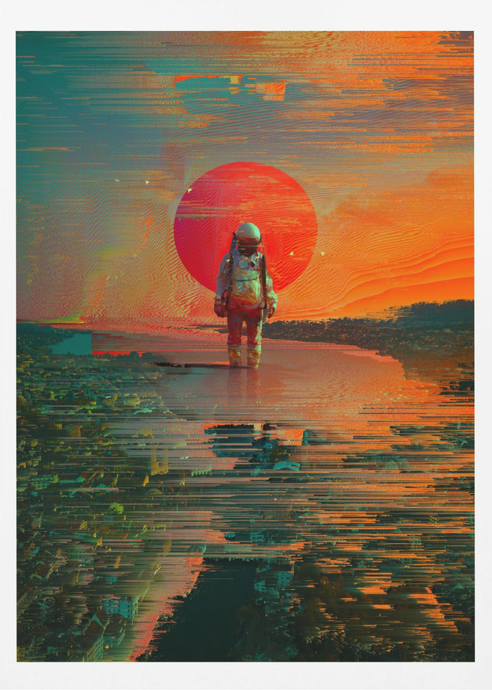 A surreal digital artwork of an astronaut standing in shallow water, with a giant red sun setting in the background against an orange and teal sky. The entire image has a heavy glitch-art effect, with horizontal streaks and pixel sorting that distorts the landscape and reflections. Print