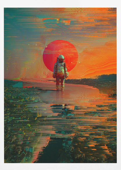 A surreal digital artwork of an astronaut standing in shallow water, with a giant red sun setting in the background against an orange and teal sky. The entire image has a heavy glitch-art effect, with horizontal streaks and pixel sorting that distorts the landscape and reflections. Print