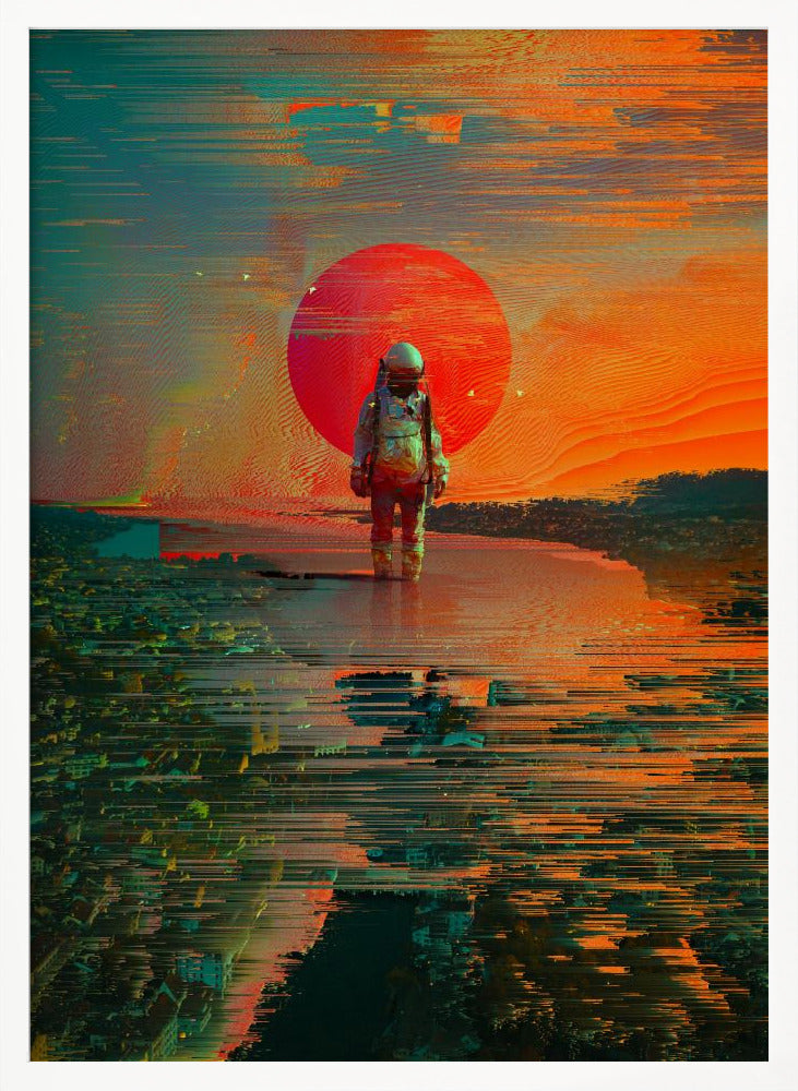 A surreal digital artwork of an astronaut standing in shallow water, with a giant red sun setting in the background against an orange and teal sky. The entire image has a heavy glitch-art effect, with horizontal streaks and pixel sorting that distorts the landscape and reflections. Print