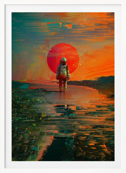 A surreal digital artwork of an astronaut standing in shallow water, with a giant red sun setting in the background against an orange and teal sky. The entire image has a heavy glitch-art effect, with horizontal streaks and pixel sorting that distorts the landscape and reflections. Print