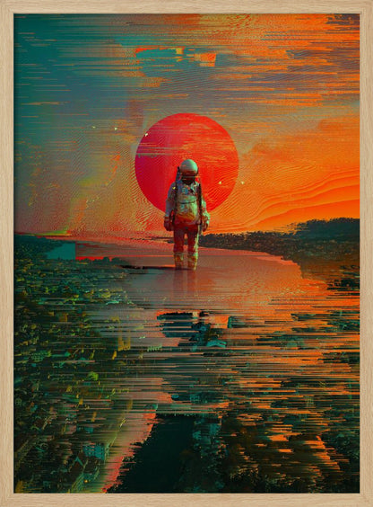 A surreal digital artwork of an astronaut standing in shallow water, with a giant red sun setting in the background against an orange and teal sky. The entire image has a heavy glitch-art effect, with horizontal streaks and pixel sorting that distorts the landscape and reflections. Print