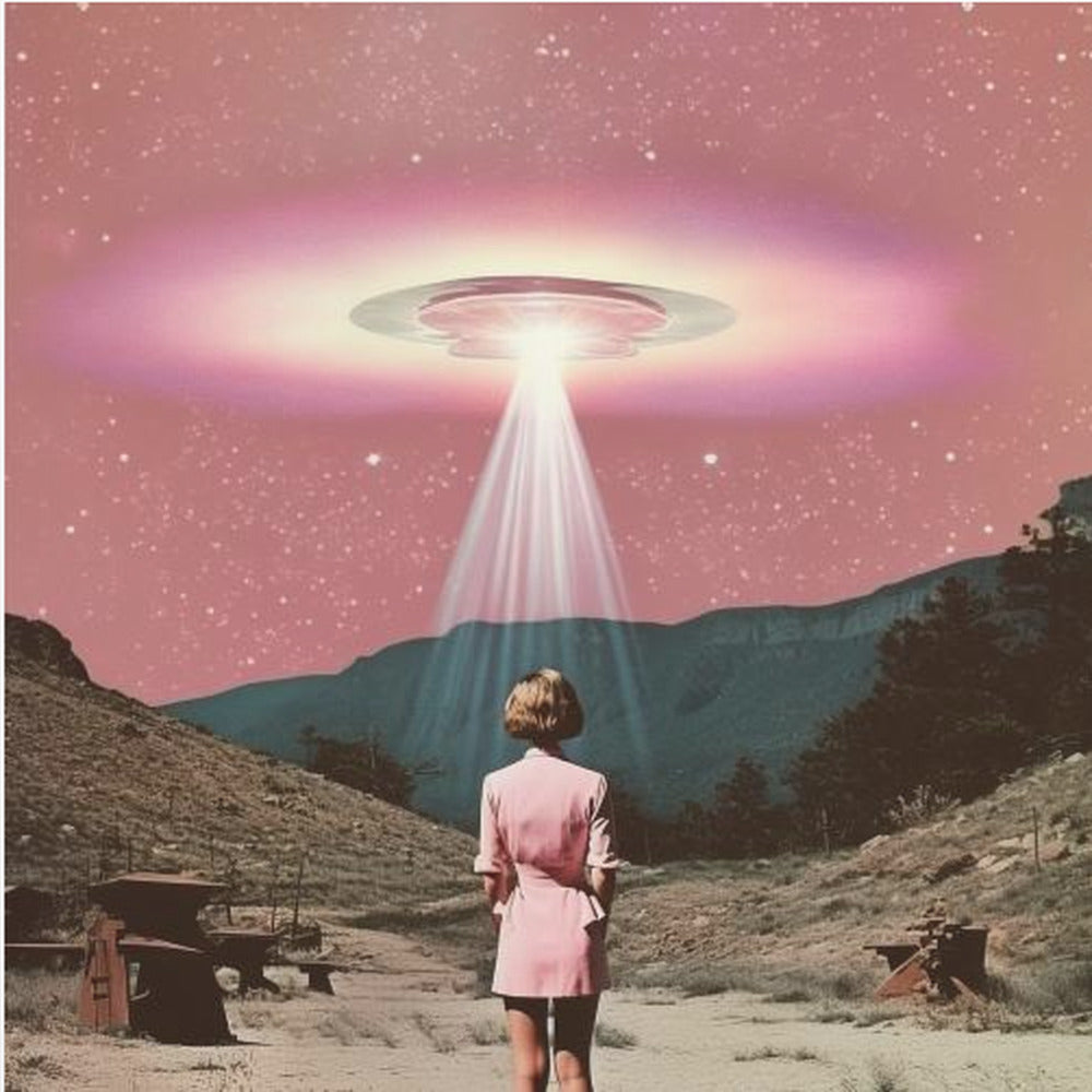 A vintage-style collage artwork in a wood frame depicting a woman in a pink dress standing in a desert landscape, looking up at a large UFO hovering in a pink, starry sky and beaming down a bright light. Print