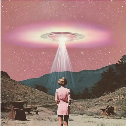 A vintage-style collage artwork in a wood frame depicting a woman in a pink dress standing in a desert landscape, looking up at a large UFO hovering in a pink, starry sky and beaming down a bright light. Print