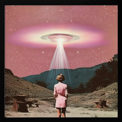 A vintage-style collage artwork in a wood frame depicting a woman in a pink dress standing in a desert landscape, looking up at a large UFO hovering in a pink, starry sky and beaming down a bright light. Print