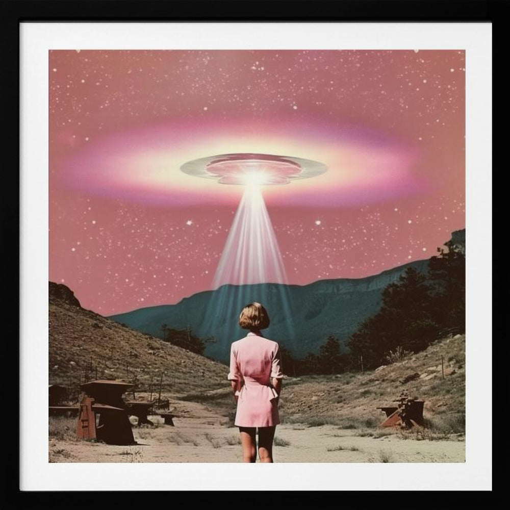A vintage-style collage artwork in a wood frame depicting a woman in a pink dress standing in a desert landscape, looking up at a large UFO hovering in a pink, starry sky and beaming down a bright light. Print